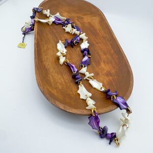Vintage 70s Purple White Shell Bead Necklace Rare Retro Unique Statement Glamour
